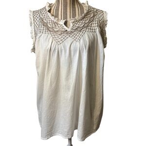 K. Jordan Top XL White Brown Embroidery Ruffled Trim Sleeveless Cotton Blouse